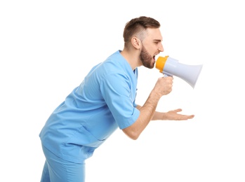 Photo of Male doctor shouting into megaphone on white background