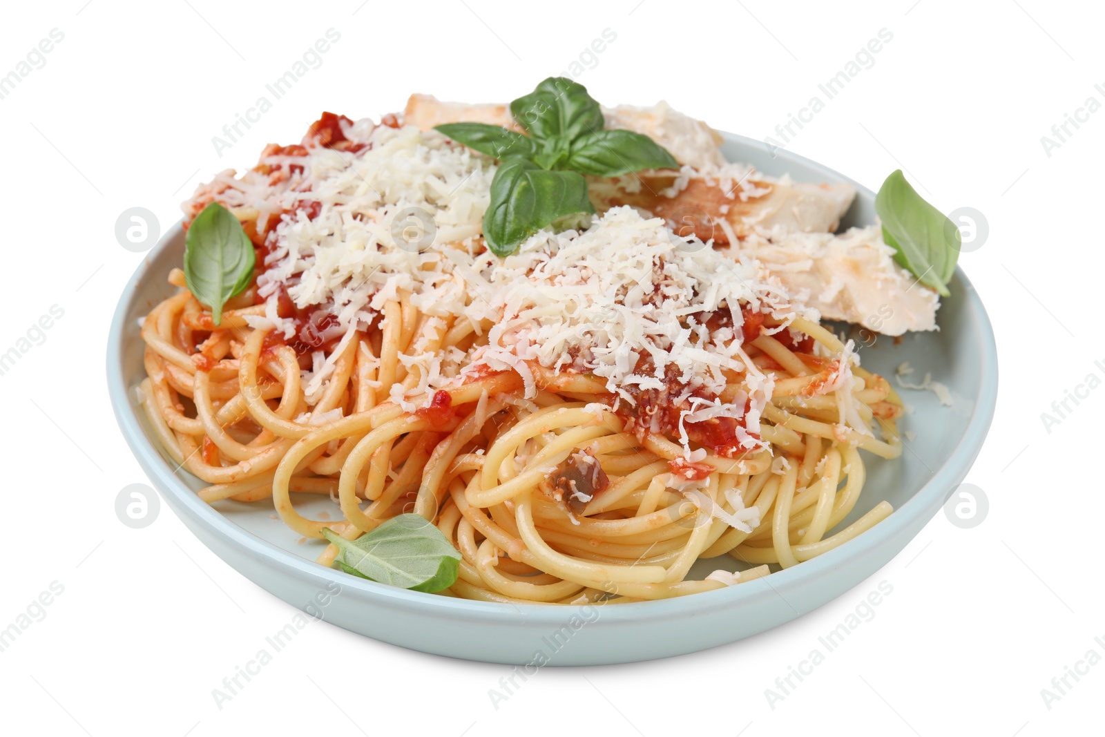 Photo of Delicious pasta with tomato sauce, chicken and parmesan cheese isolated on white