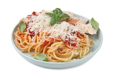 Delicious pasta with tomato sauce, chicken and parmesan cheese isolated on white