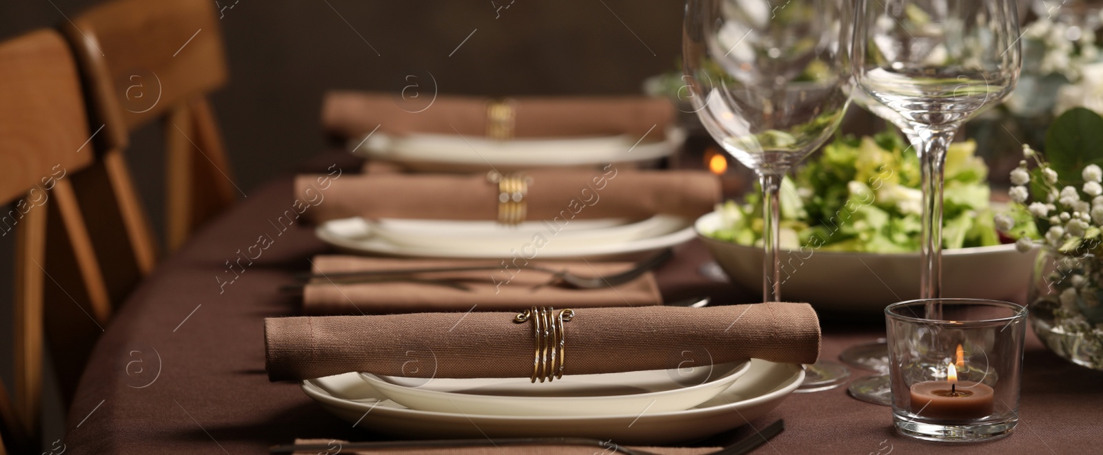 Image of Stylish elegant table setting for festive dinner in restaurant. Banner design