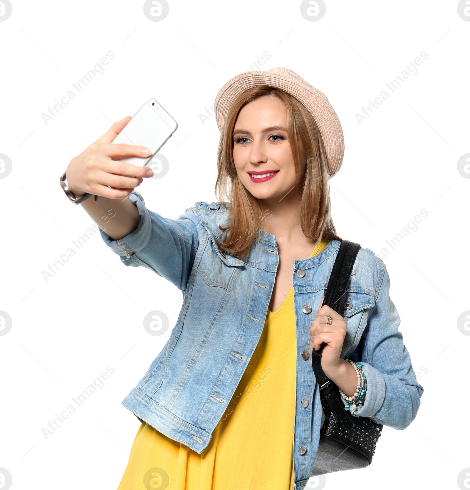 Photo of Attractive young woman taking selfie on white background