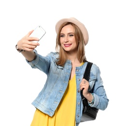 Photo of Attractive young woman taking selfie on white background