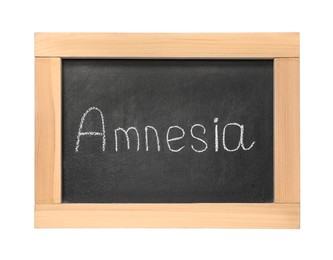 Photo of Blackboard with word Amnesia isolated on white, top view
