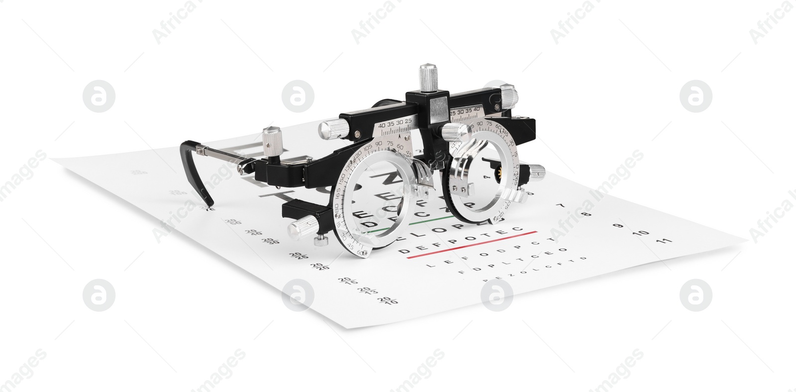 Photo of Trial frame and vision test chart isolated on white