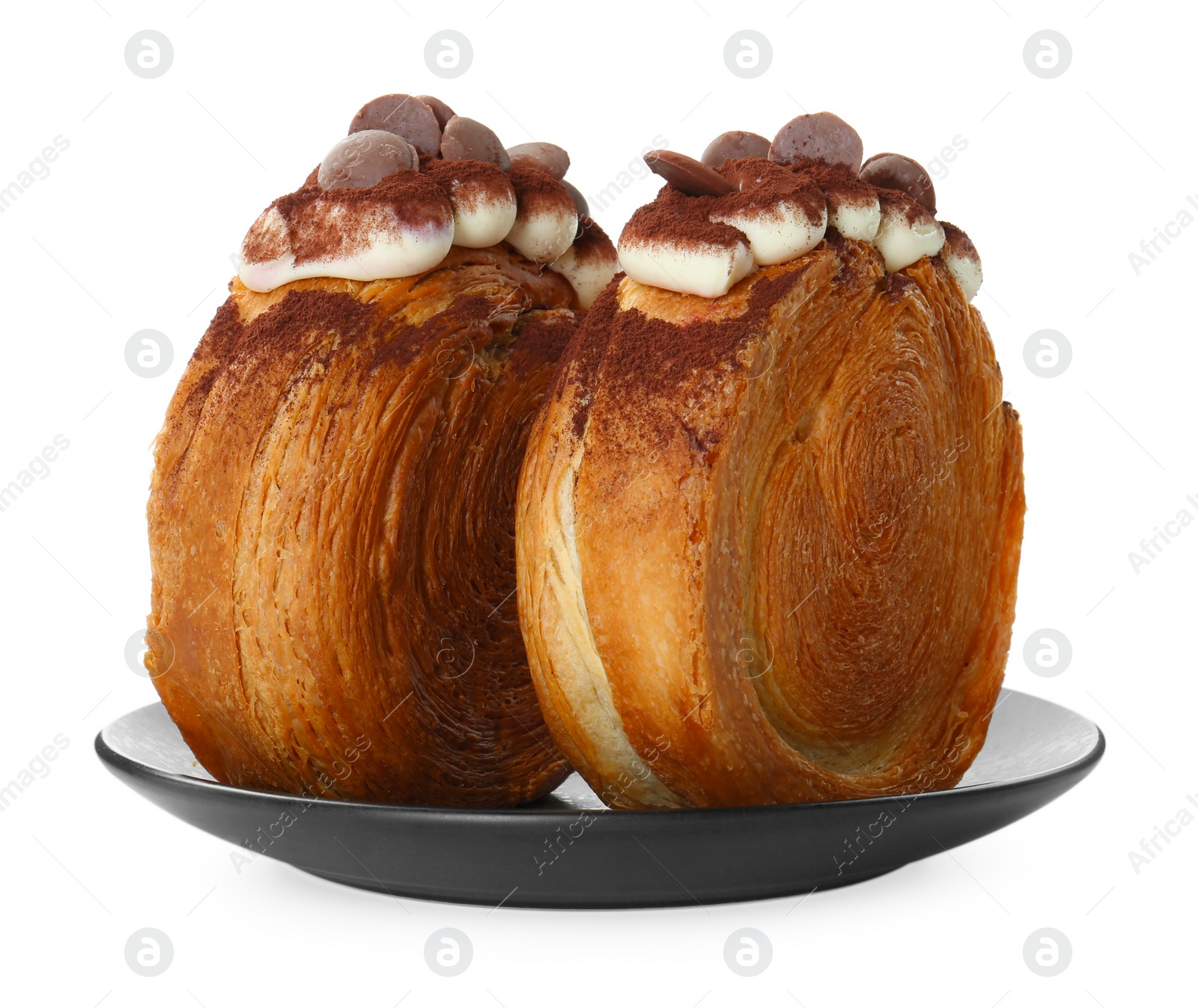 Photo of Round croissants with chocolate chips and cream isolated on white. Tasty puff pastry