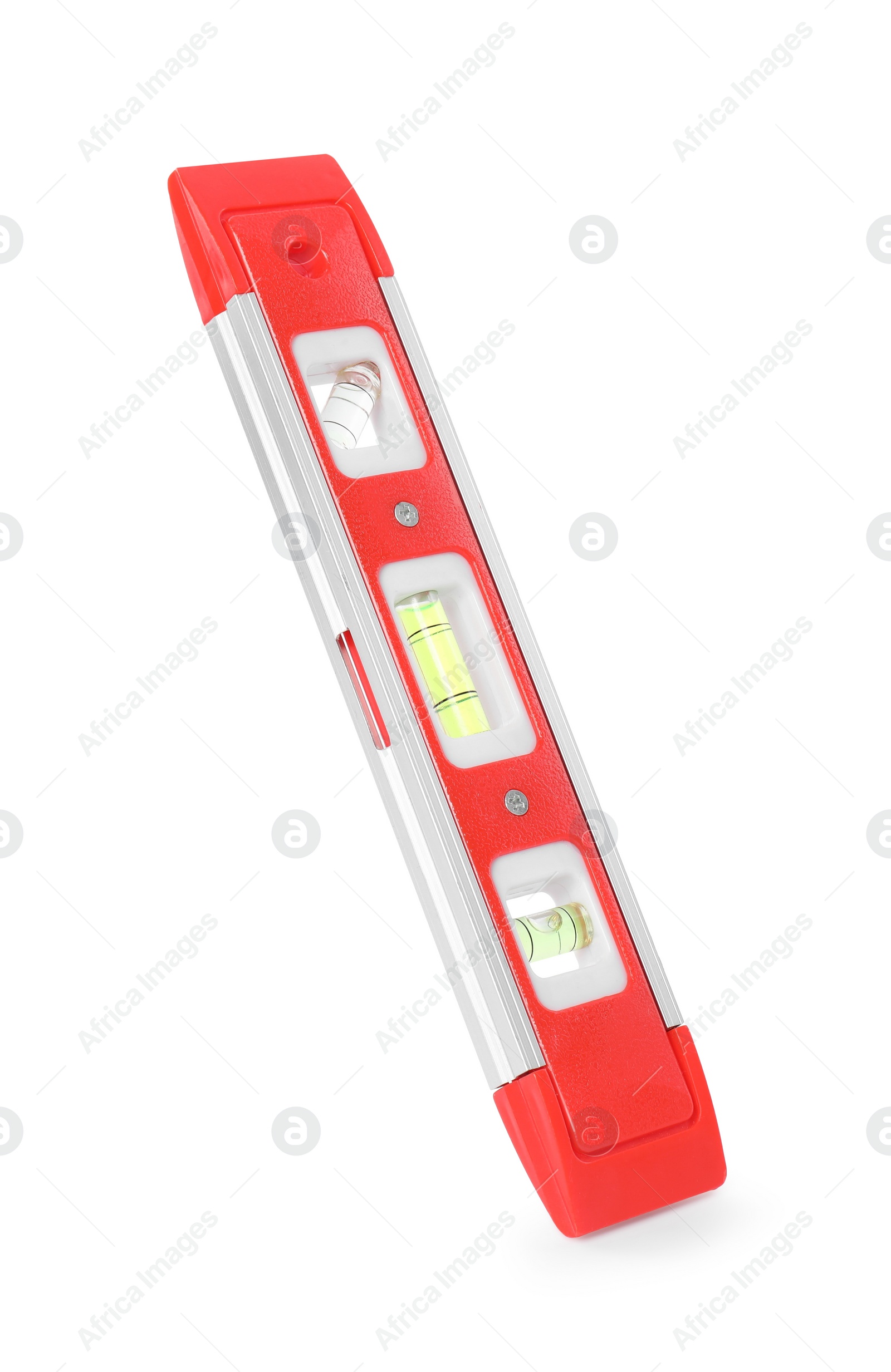 Photo of Red building level isolated on white. Construction tool