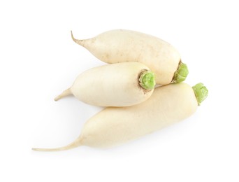 Photo of Whole fresh ripe turnips on white background, top view