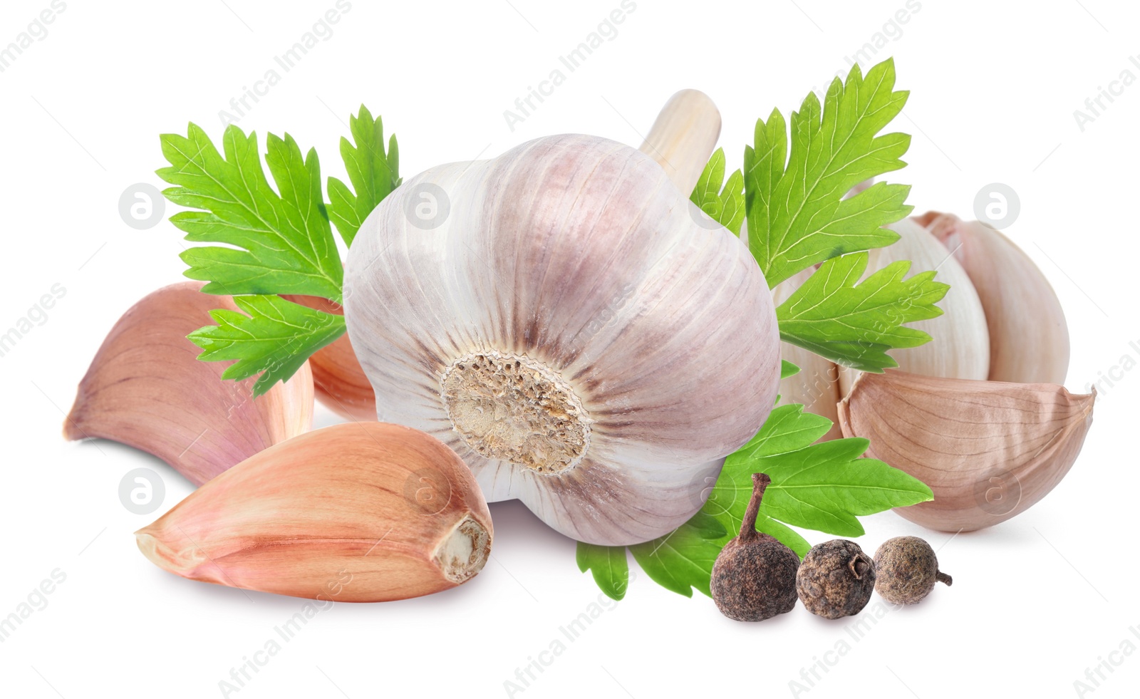 Image of Fresh garlic with parsley and allspice on white background