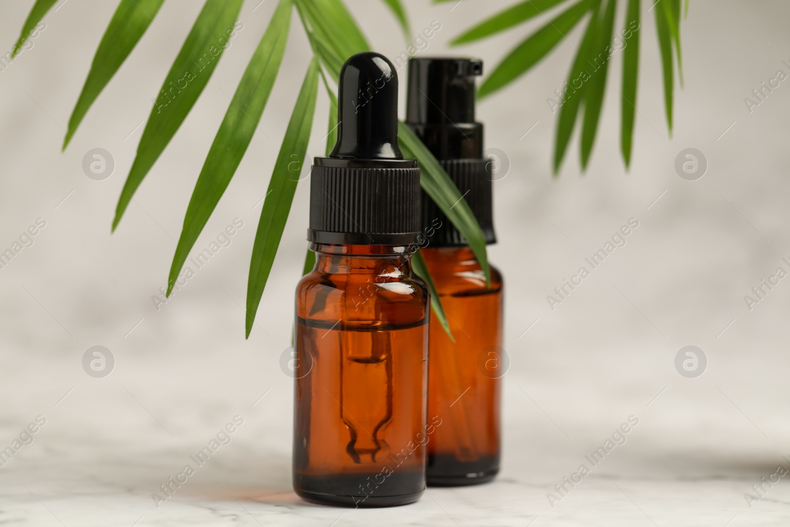 Photo of Bottles of organic cosmetic products and green leaves on light background