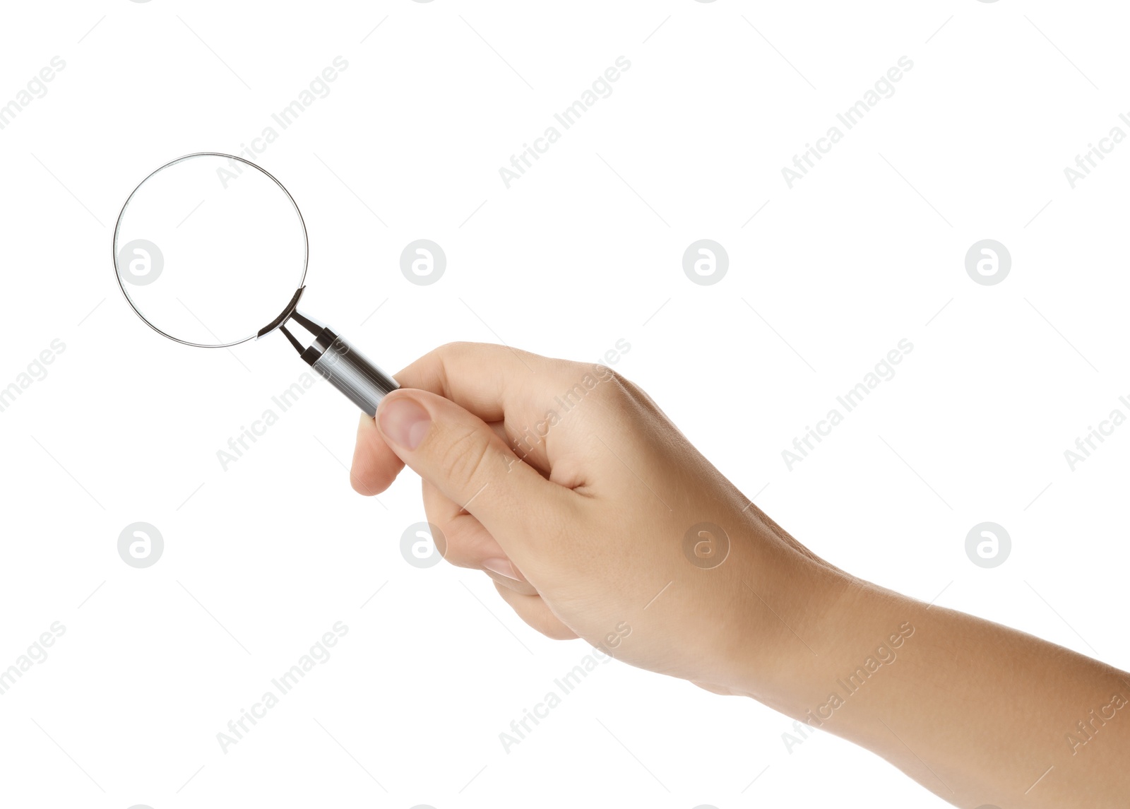 Photo of Woman holding magnifying glass on white background, closeup