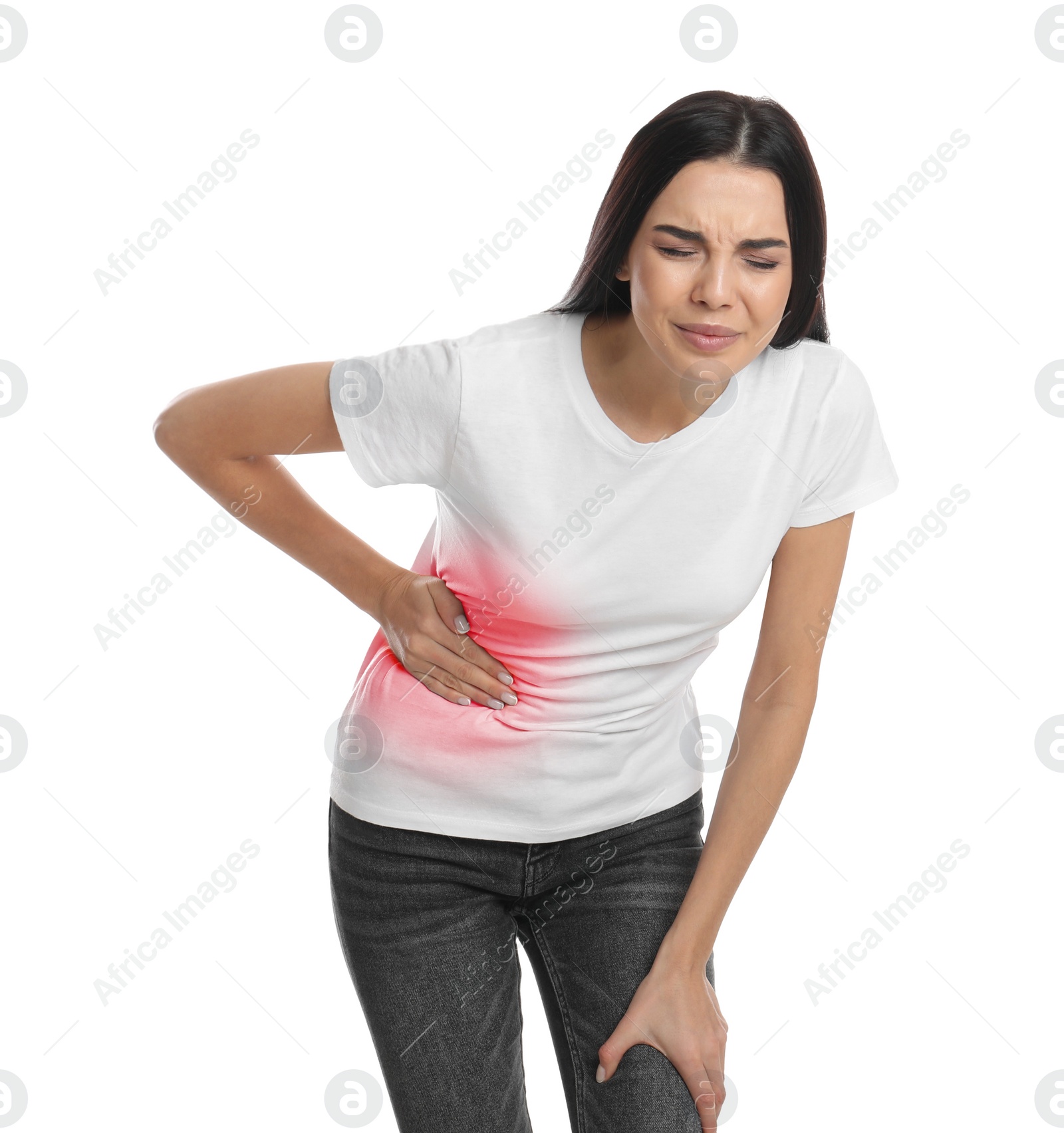 Photo of Woman suffering from liver pain on white background