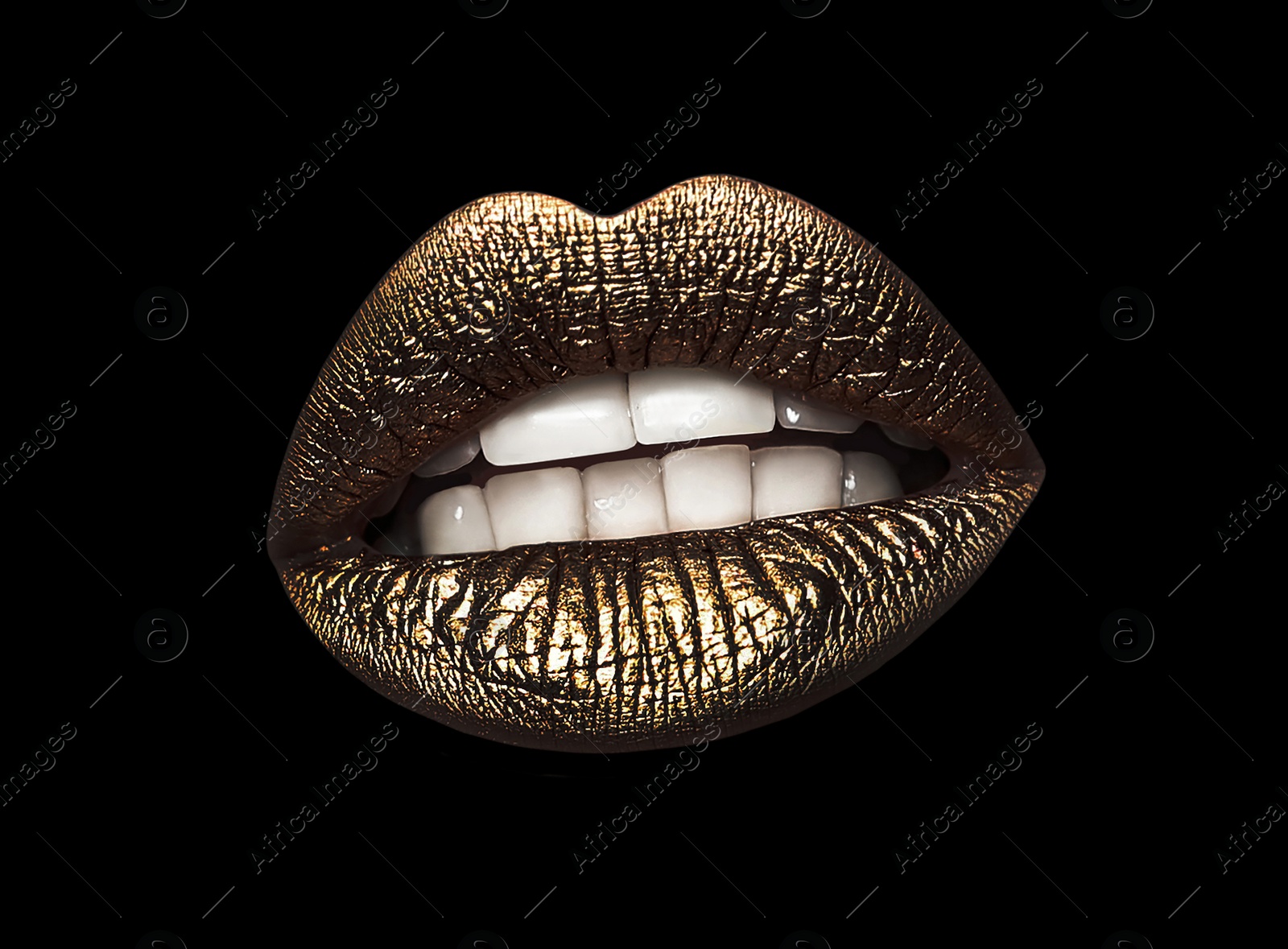 Image of Beautiful lips with shiny golden lipstick on black background