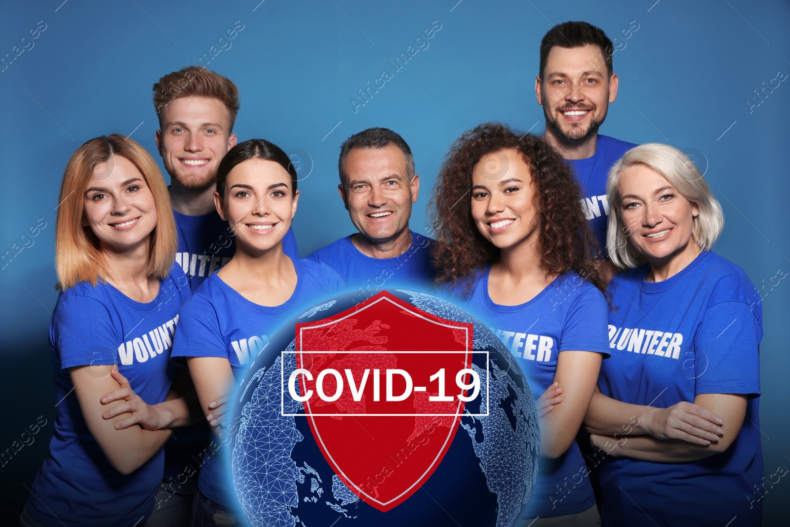 Image of Volunteers uniting to help during COVID-19 outbreak. Group of people on blue background, world globe and shield illustrations