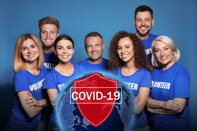 Volunteers uniting to help during COVID-19 outbreak. Group of people on blue background, world globe and shield illustrations