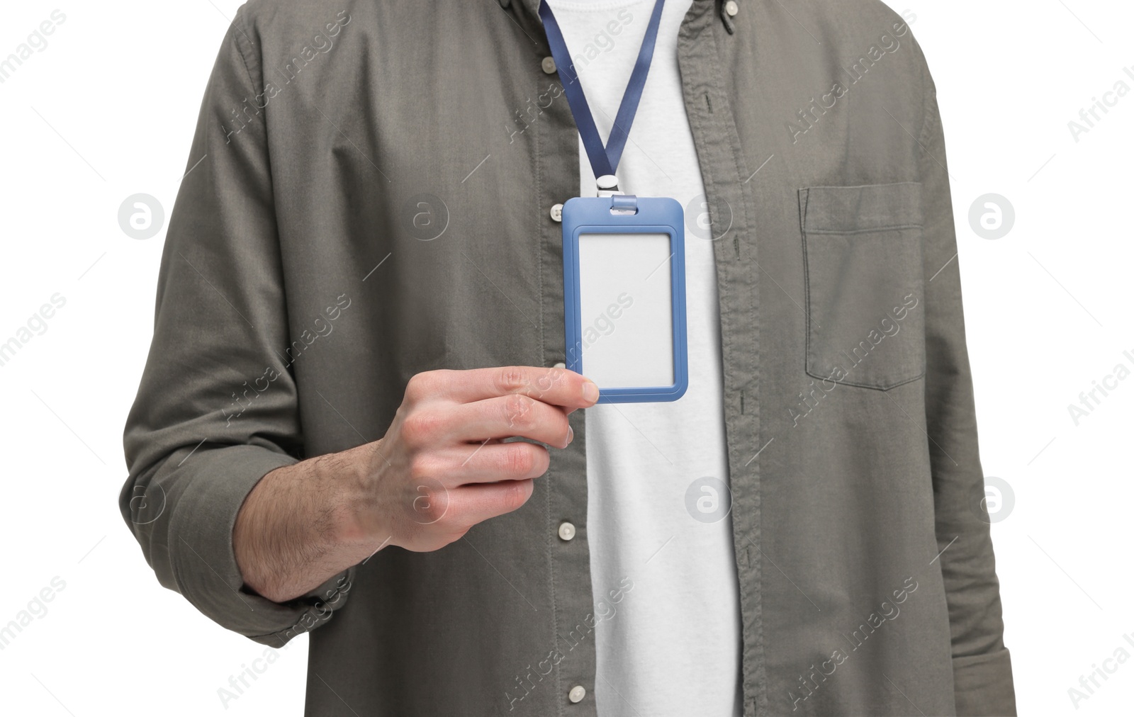 Photo of Man showing empty badge on white background, closeup