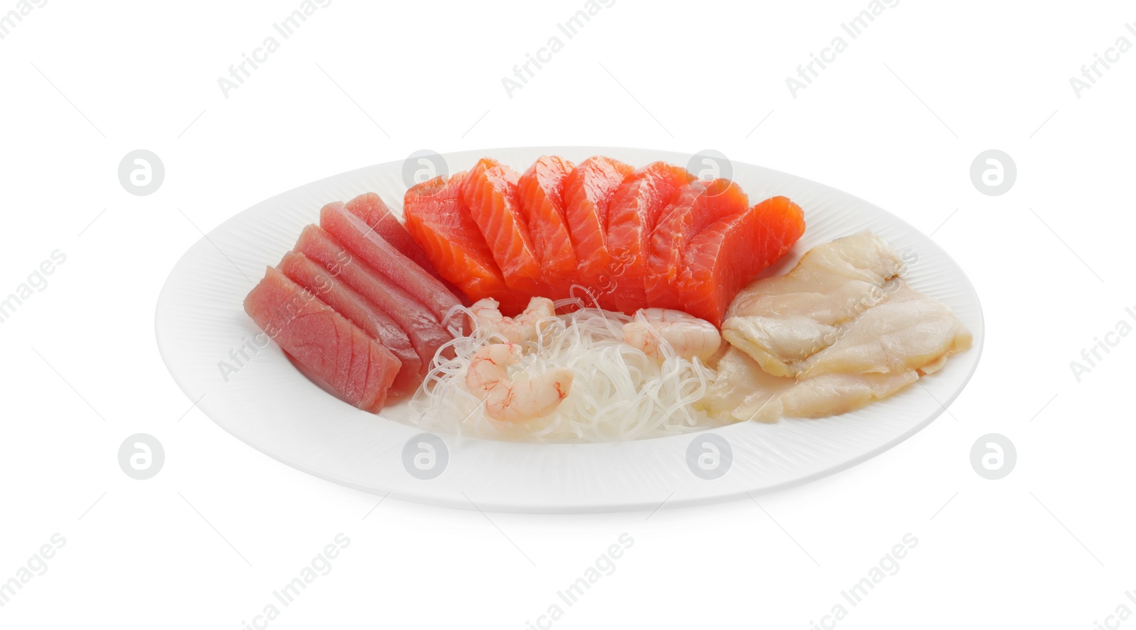 Photo of Tasty sashimi set (raw tuna, slices of salmon, shrimp and oily fish) served with funchosa isolated on white