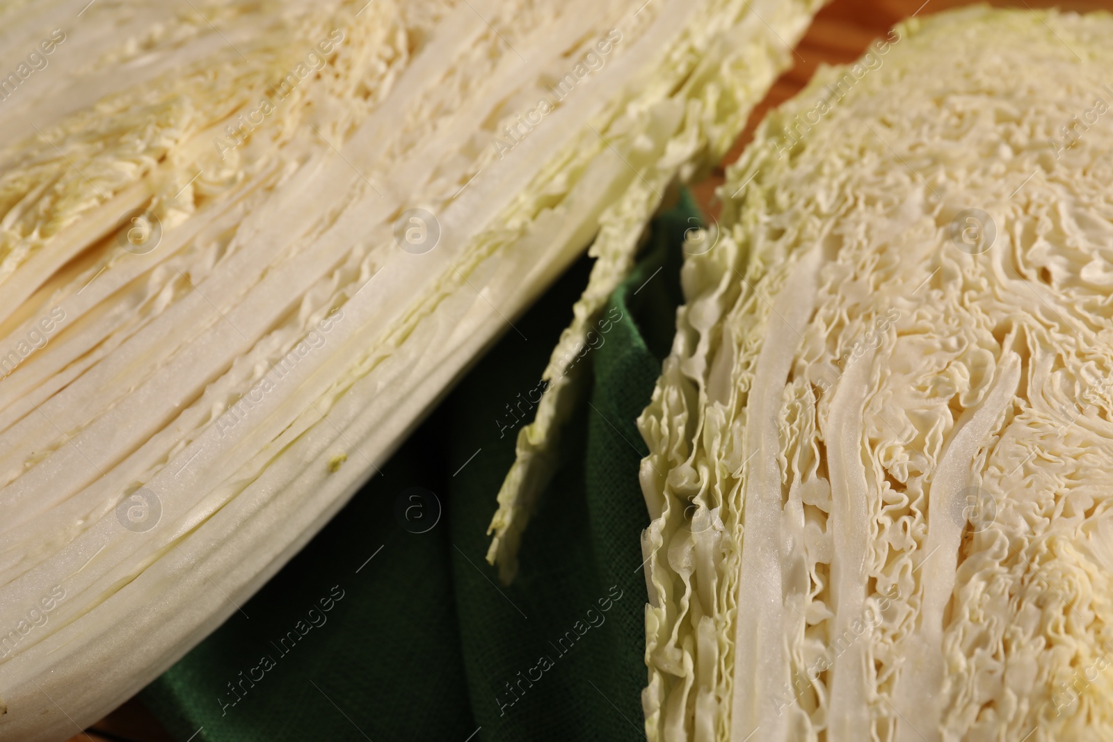 Photo of Fresh Chinese cabbages on table, top view