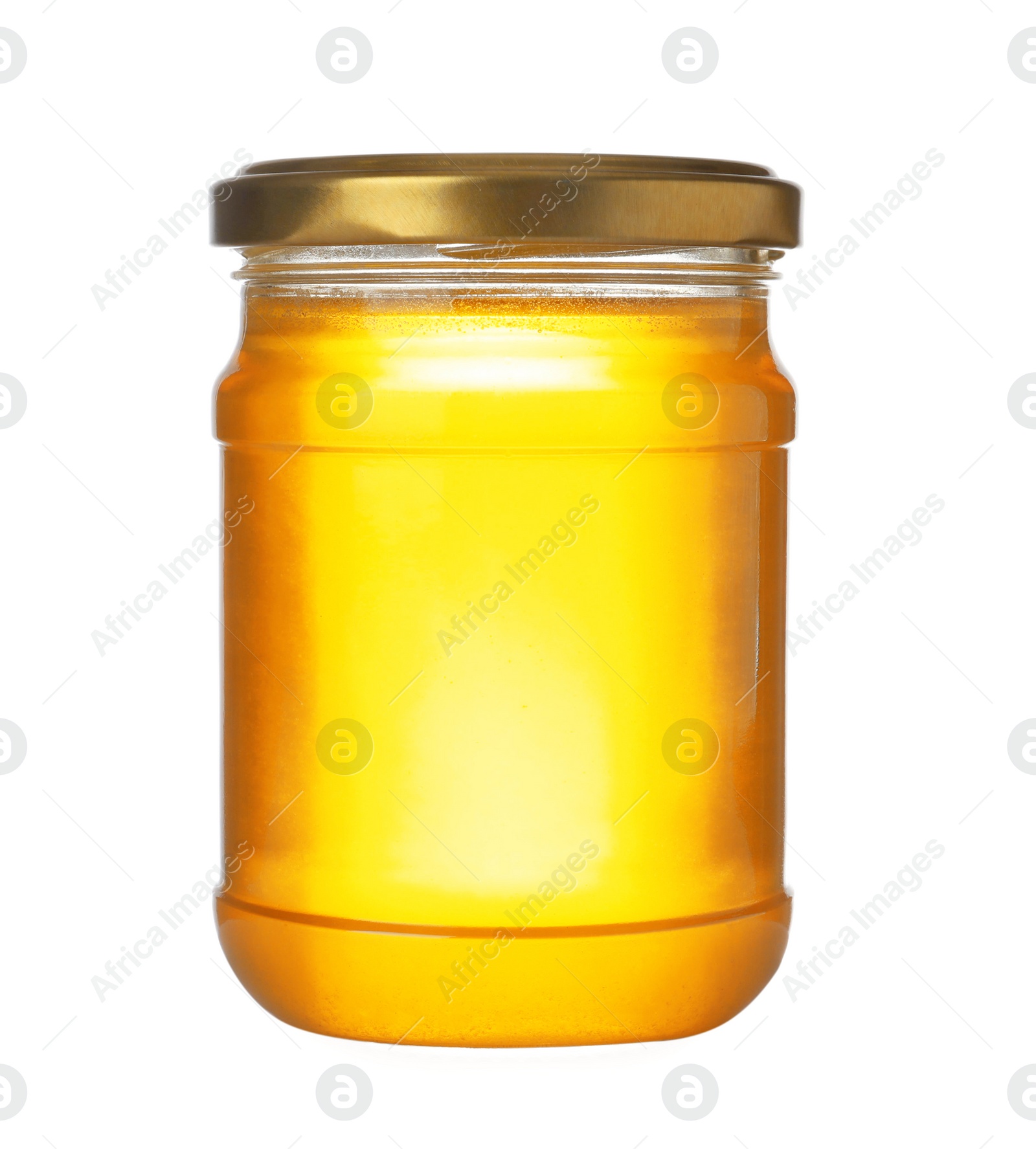 Photo of Jar with organic honey isolated on white