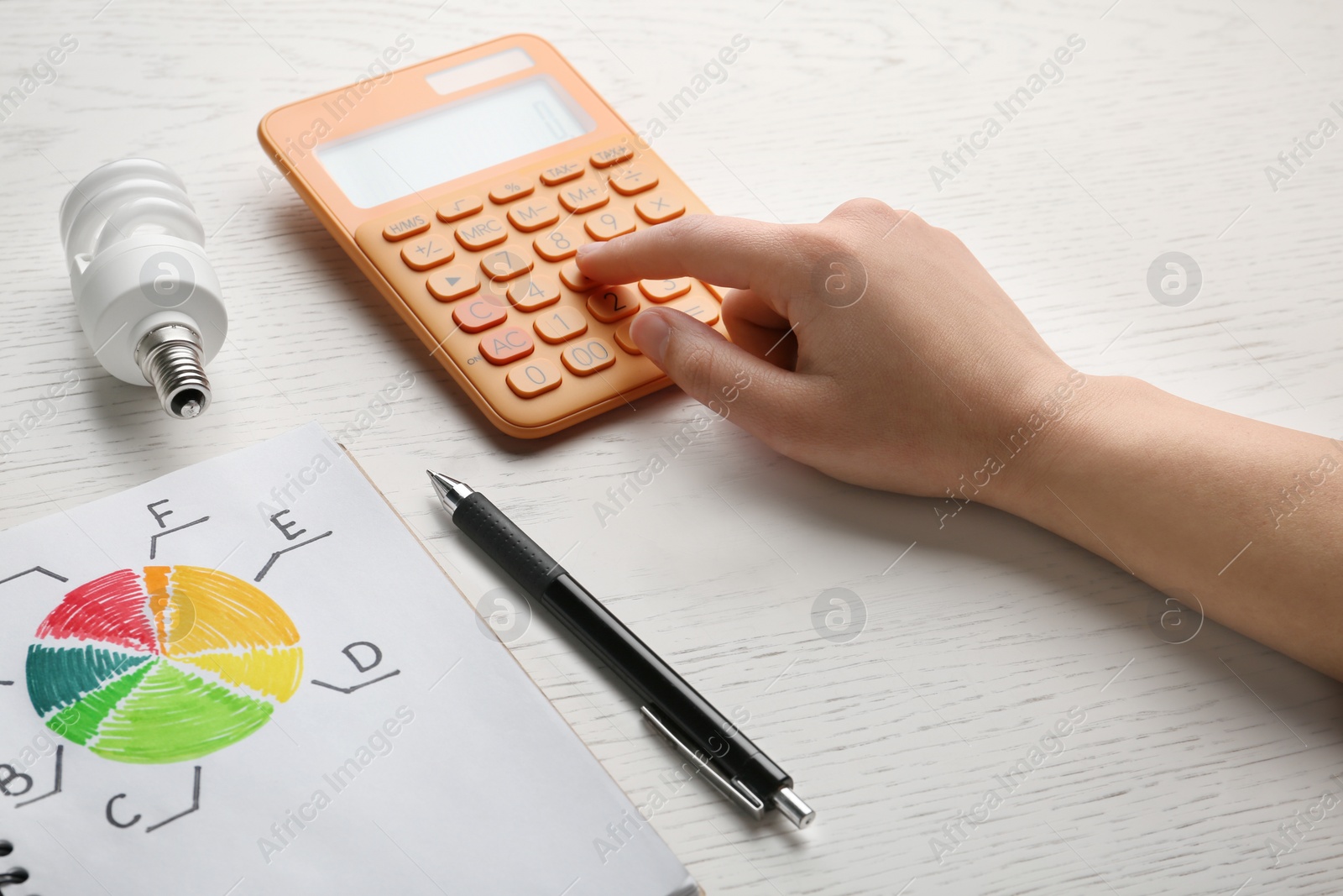 Photo of Woman with calculator and energy efficiency rating chart at table, closeup