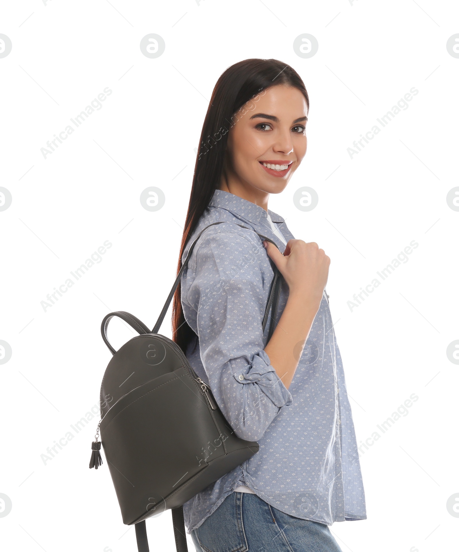 Photo of Young woman with stylish backpack on white background