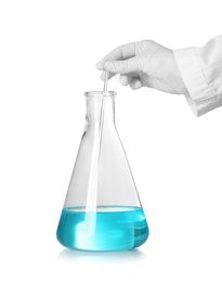 Scientist mixing liquid in glass flask on white background. Chemical research