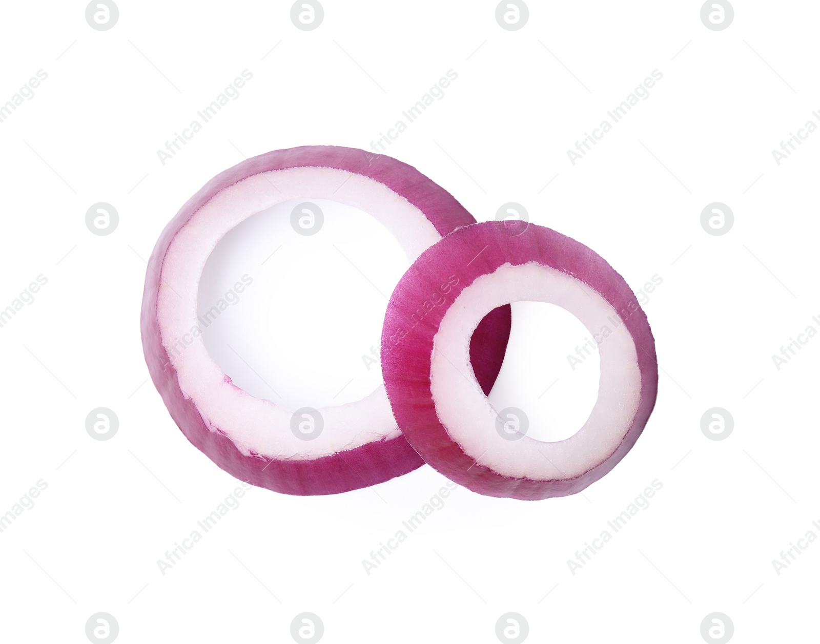 Photo of Fresh rings of red onion isolated on white, top view