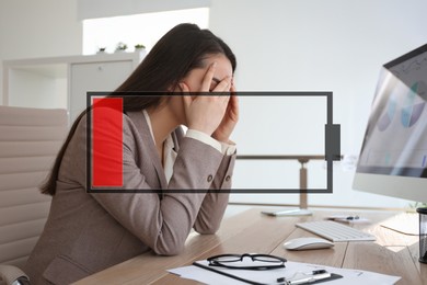 Image of Illustration of discharged battery and tired woman at workplace in office. Extreme fatigue