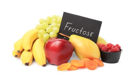 Photo of Card with word Fructose, delicious ripe fruits, raspberries and dried apricots isolated on white