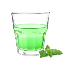 Photo of Delicious mint liqueur and fresh leaves isolated on white