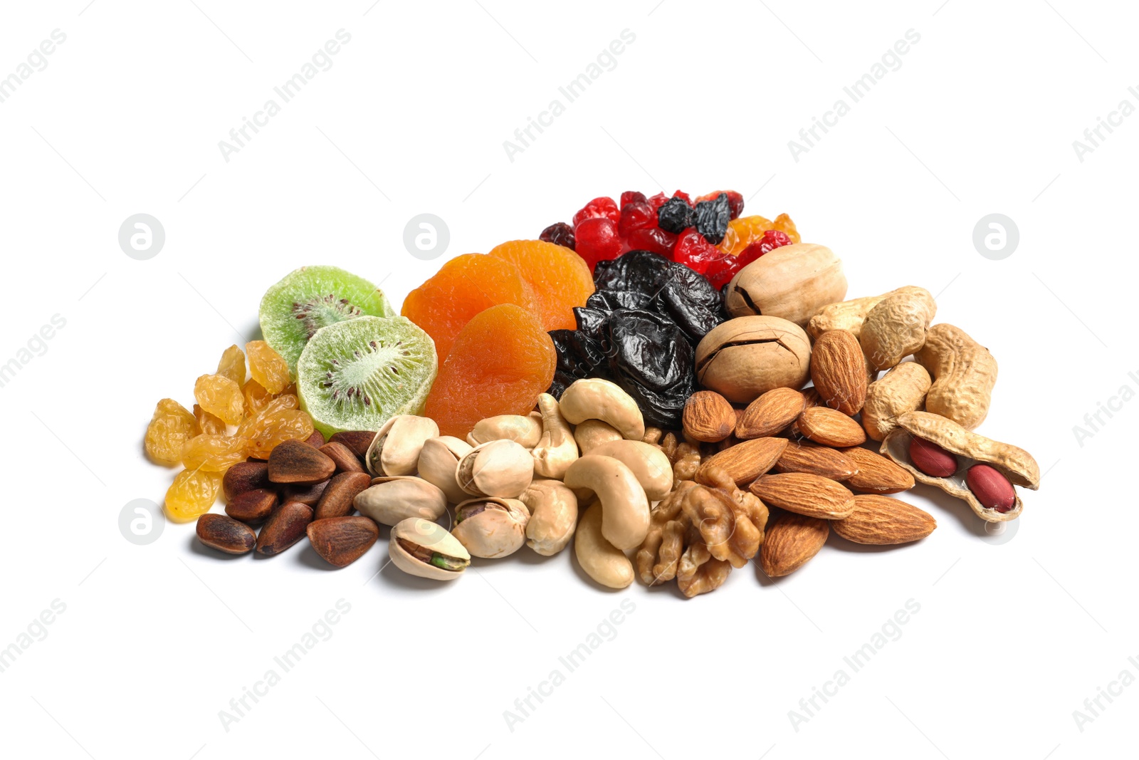 Photo of Different dried fruits and nuts on white background