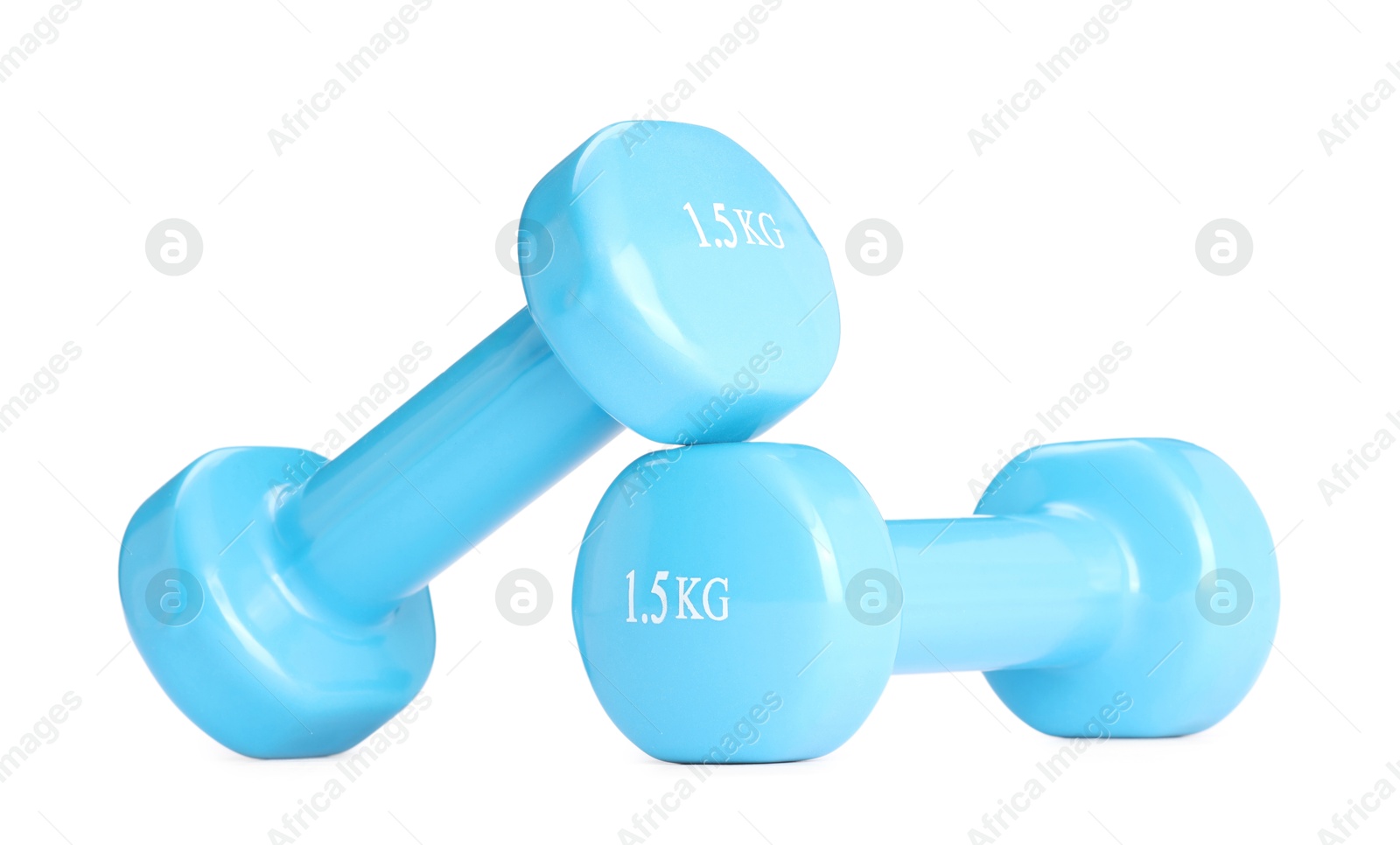 Photo of Light blue dumbbells isolated on white. Sports equipment