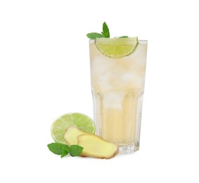 Glass of tasty ginger ale with ice cubes and ingredients isolated on white