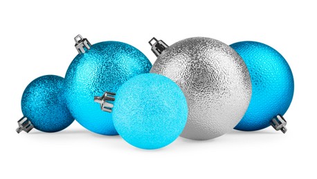 Beautiful silver and light blue Christmas balls isolated on white