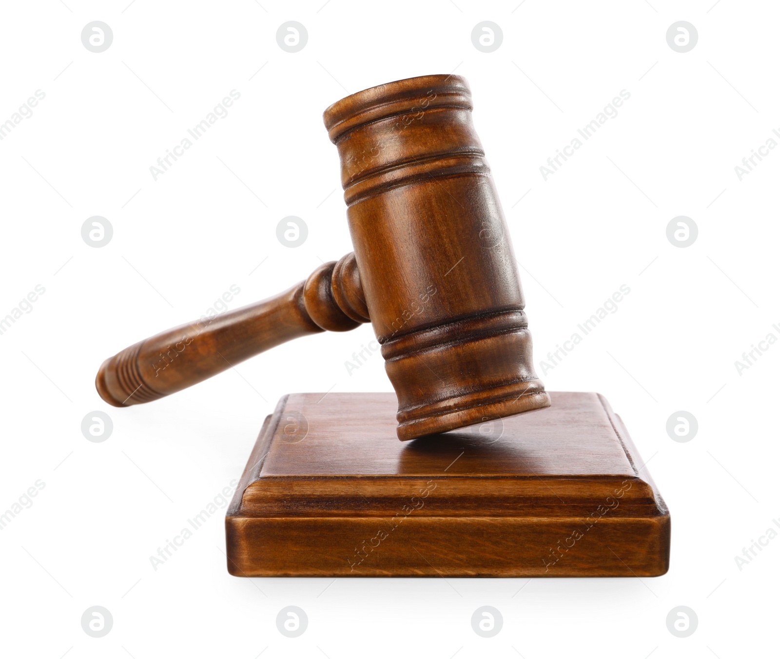 Photo of Gavel on wooden table against white background. Small mallet