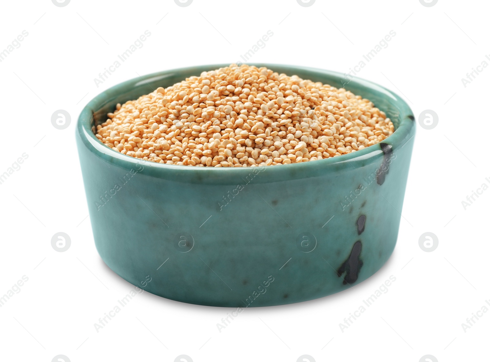 Photo of Raw quinoa in bowl isolated on white