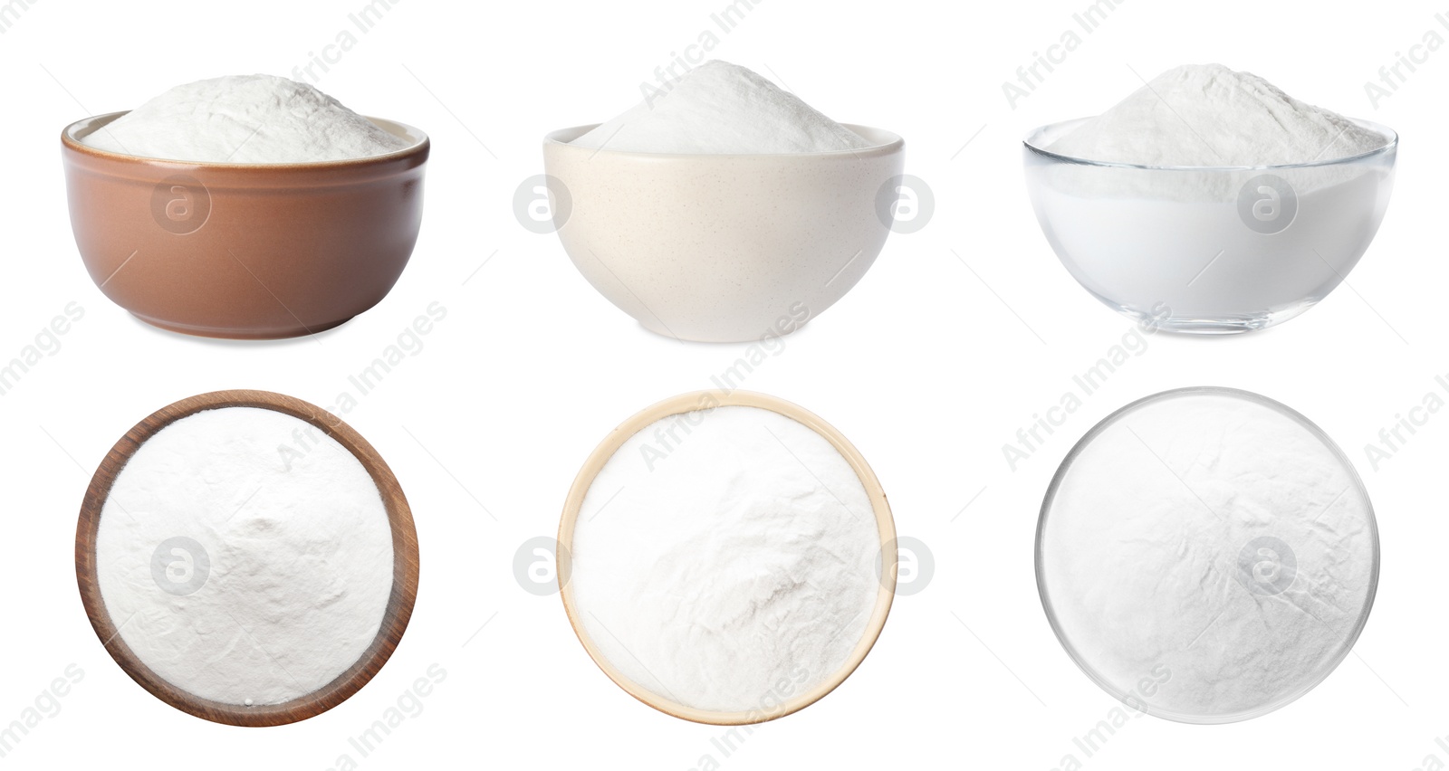 Image of Set with baking soda on white background