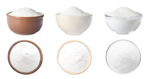 Set with baking soda on white background