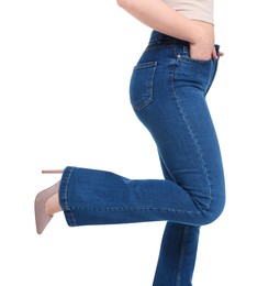 Woman in stylish jeans on white background, closeup