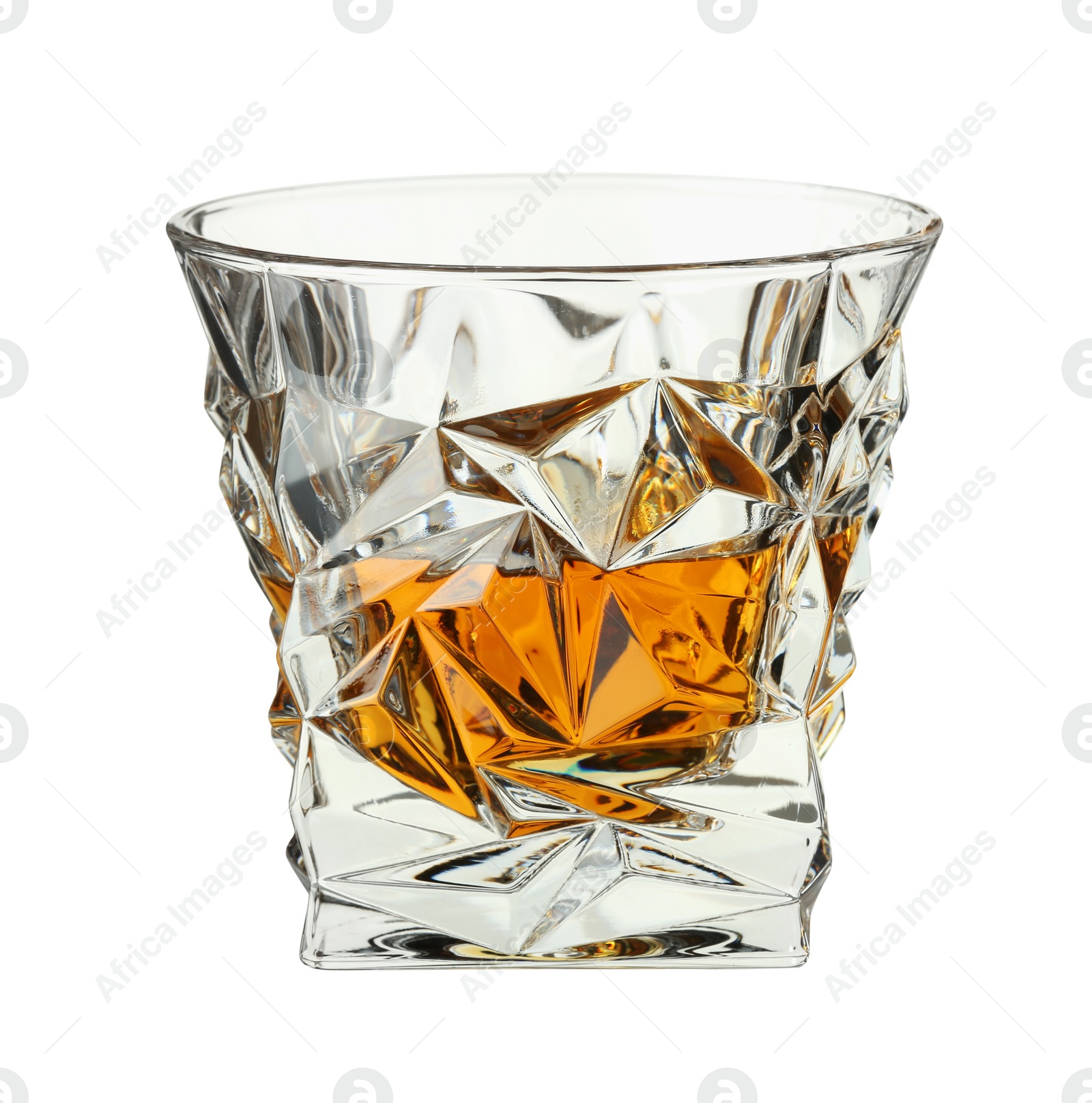 Photo of Whiskey in glass isolated on white. Alcoholic drink