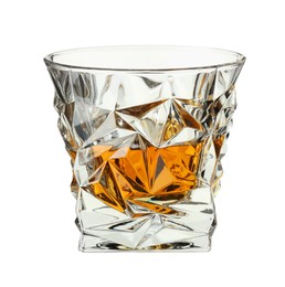 Photo of Whiskey in glass isolated on white. Alcoholic drink