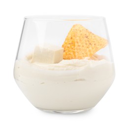 Photo of Delicious tofu sauce served with nachos chip isolated on white