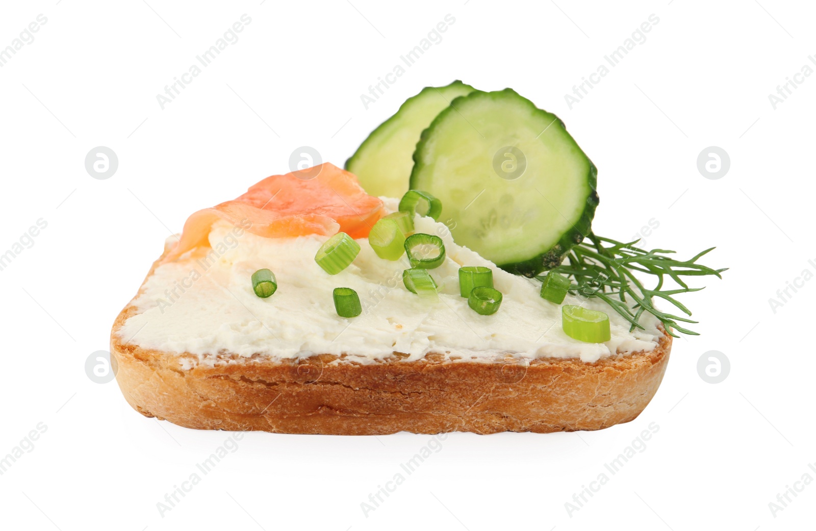 Photo of Delicious sandwich with cream cheese, salmon, cucumber and herbs isolated on white