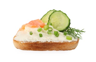 Photo of Delicious sandwich with cream cheese, salmon, cucumber and herbs isolated on white