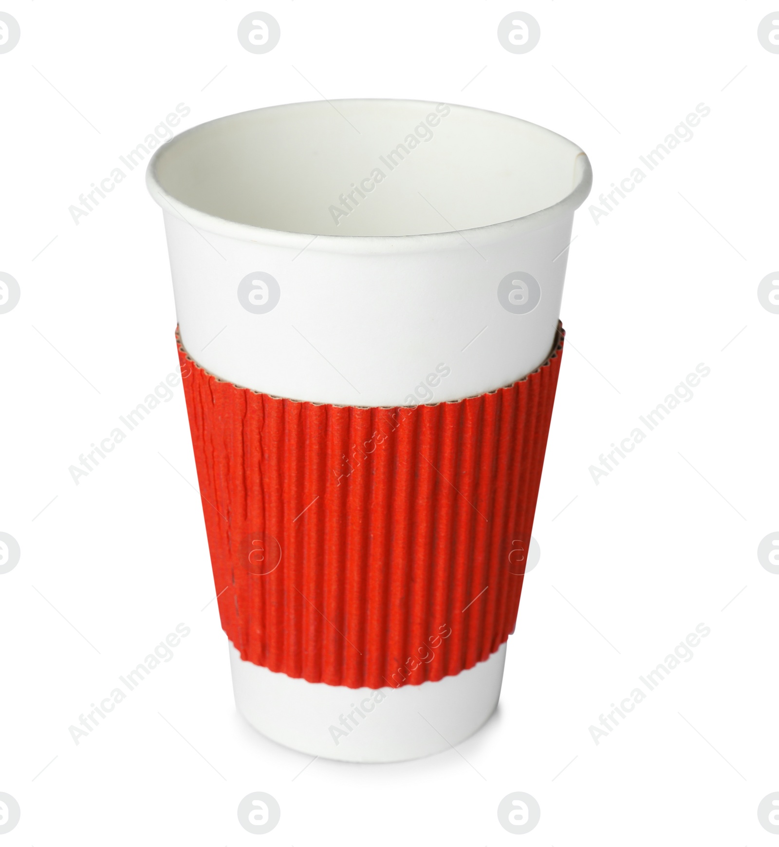 Photo of Empty takeaway paper coffee cup isolated on white