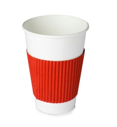 Photo of Empty takeaway paper coffee cup isolated on white