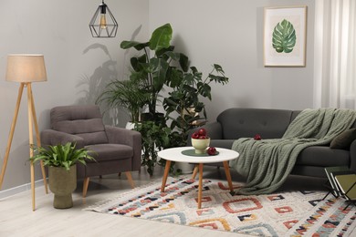 Red apples on coffee table, sofa, armchair and houseplants in room