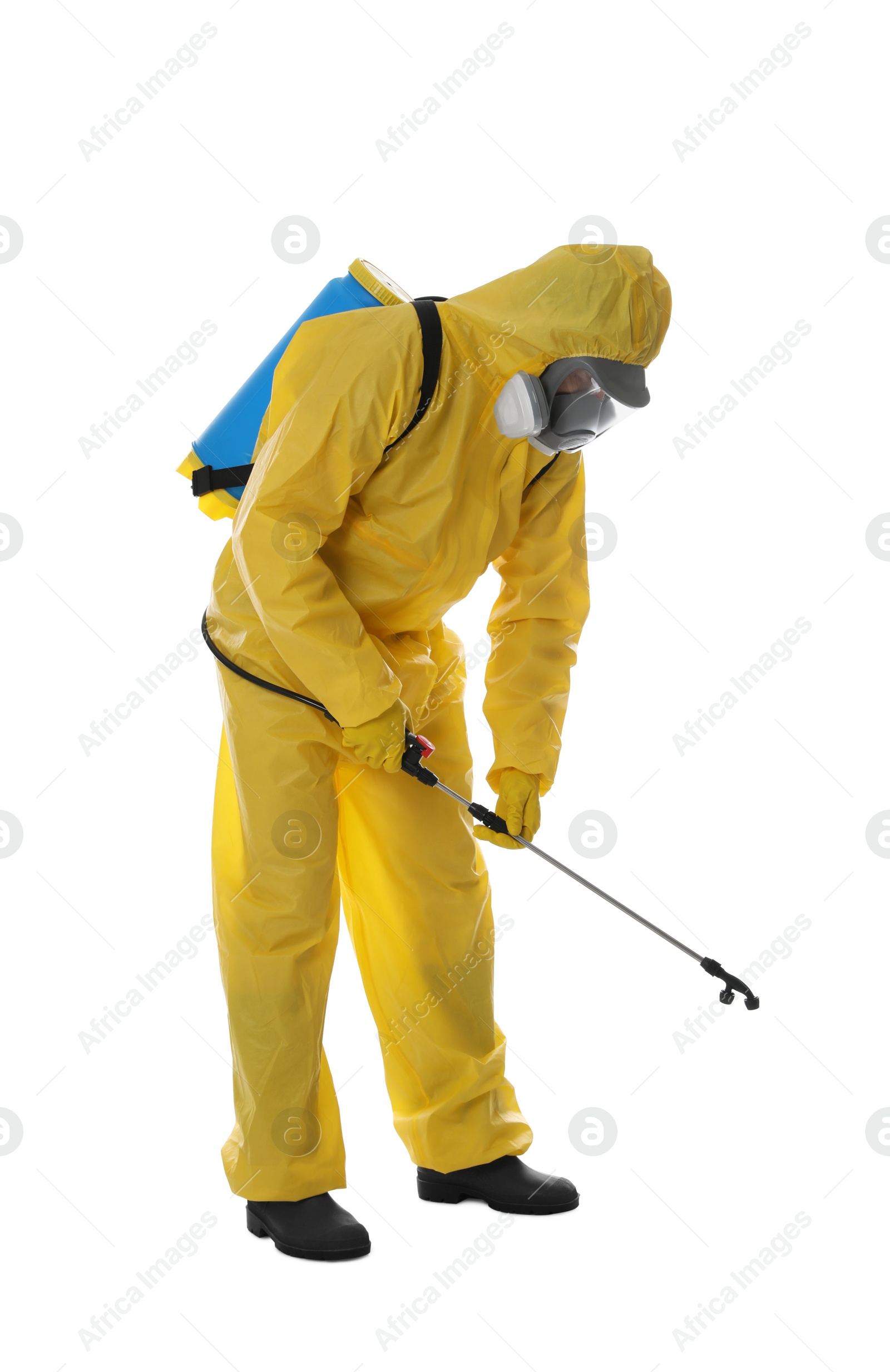 Photo of Man wearing protective suit with insecticide sprayer on white background. Pest control