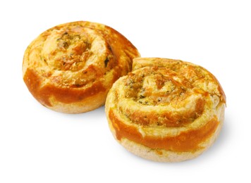 Photo of Fresh delicious puff pastry with tasty filling on white background