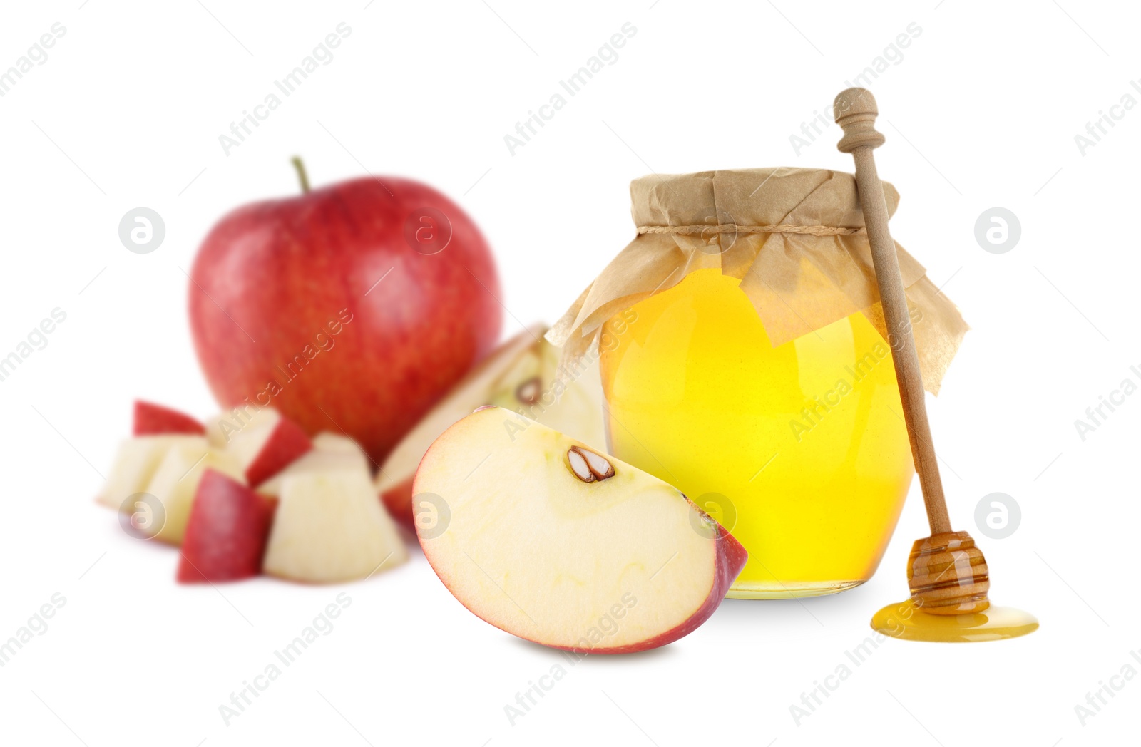 Image of Natural sweet honey and tasty fresh apples on white background