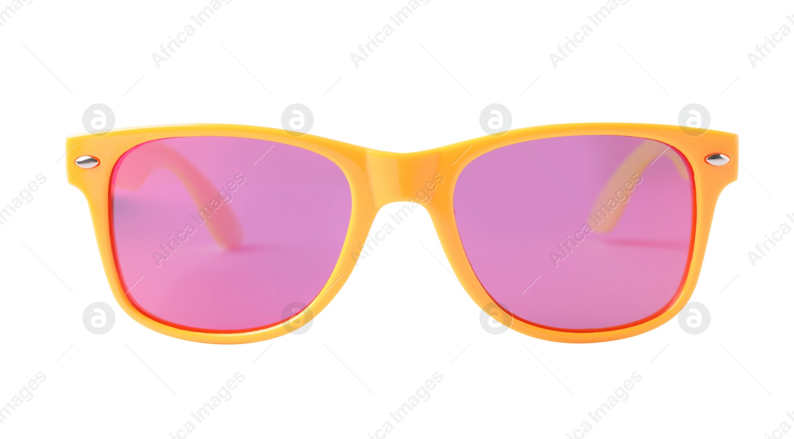 Photo of New stylish sunglasses with yellow frame isolated on white